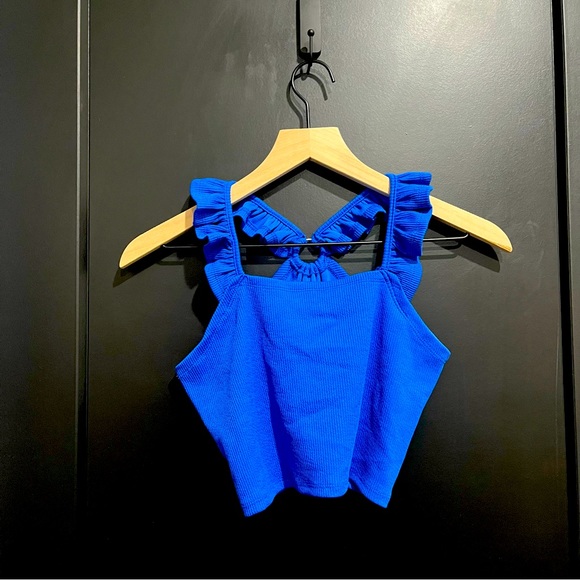 Shein size 11-12Y, Blue, adorable ruffle, ring circle in back, cropped tank top - Picture 2 of 2